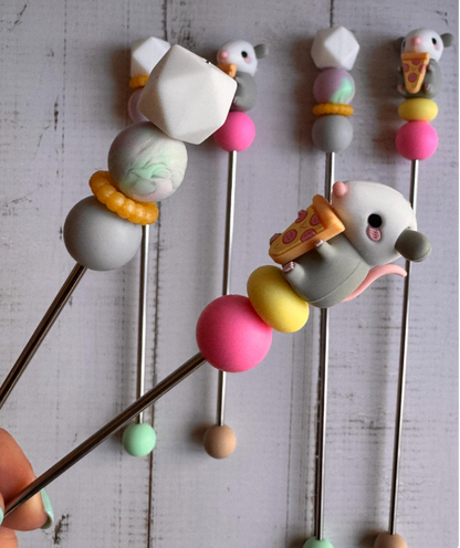 Opossum with a Slice of Pizza Pair of Amigurumi Sewing Sticks
