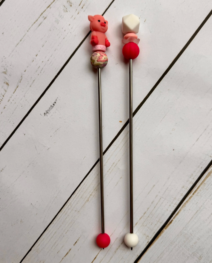 Cute Pink Pig Pair of Amigurumi Sewing Sticks