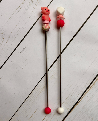 Cute Pink Pig Pair of Amigurumi Sewing Sticks