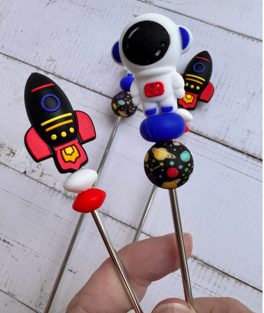 Outer Space Rocket and Astronaut Pair of Amigurumi Sewing Sticks