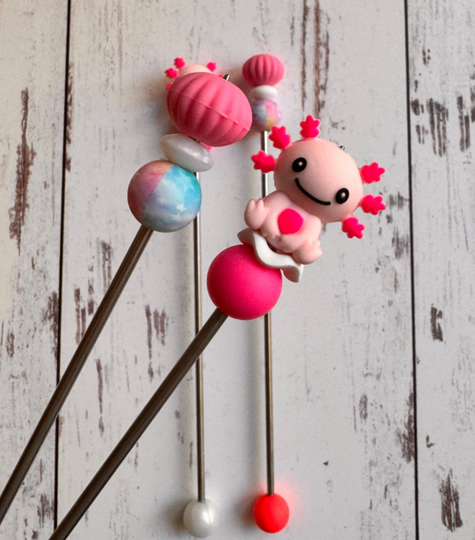 Pink Axolotl Pair of Amigurumi Sewing Sticks