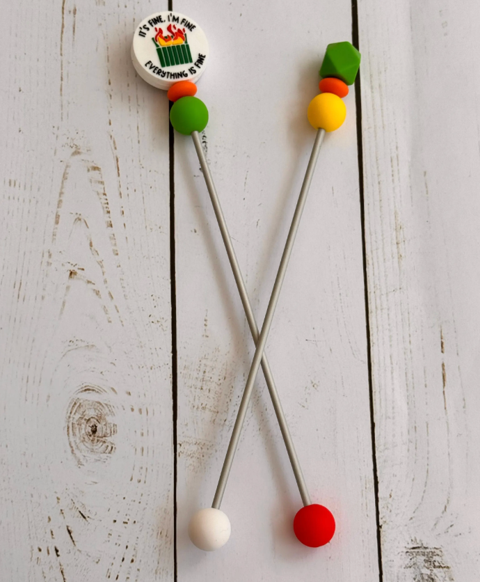 Pair of It's Fine Dumpster Fire Amigurumi Sewing Sticks