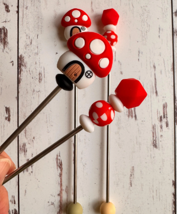 Large Red Mushroom House Pair of Amigurumi Sewing Sticks