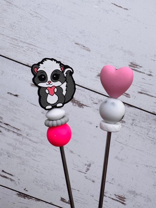 Cute Opossum or Skunk with Heart Pair of Amigurumi Sewing Sticks
