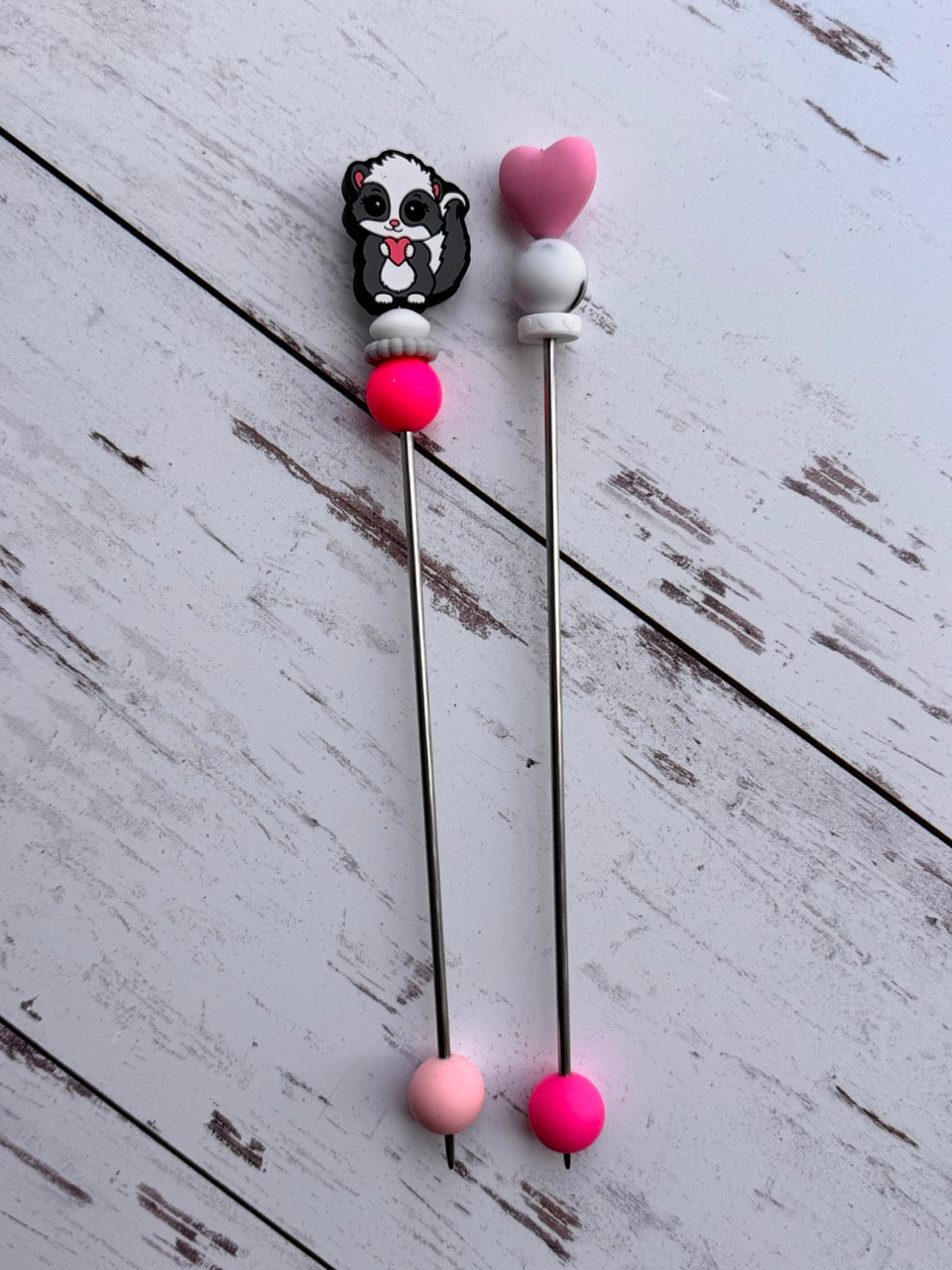 Cute Opossum or Skunk with Heart Pair of Amigurumi Sewing Sticks