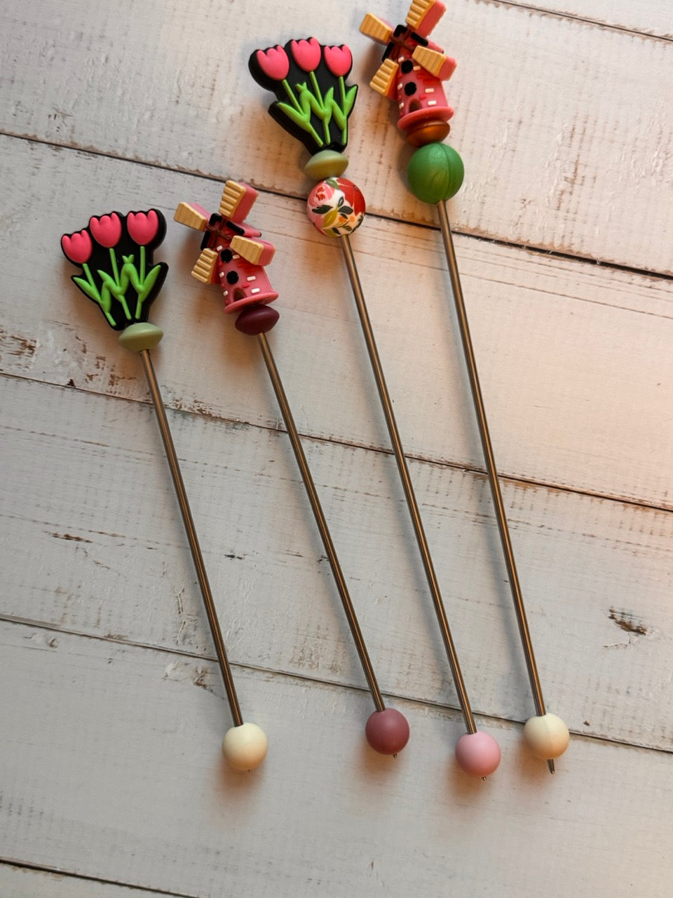 Pair of Tulip and Windmill Amigurumi Sewing Sticks