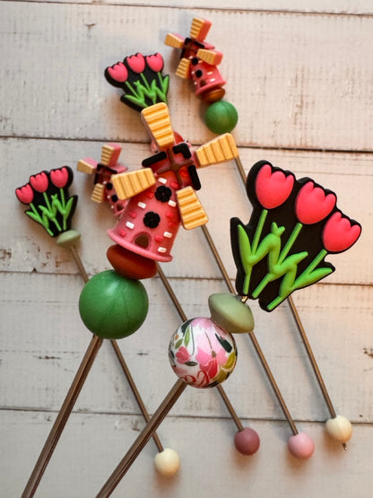 Pair of Tulip and Windmill Amigurumi Sewing Sticks