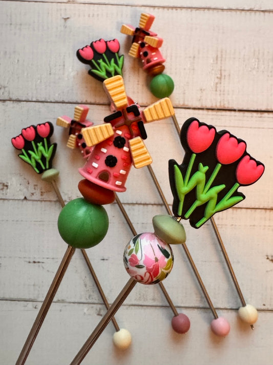 Pair of Tulip and Windmill Amigurumi Sewing Sticks