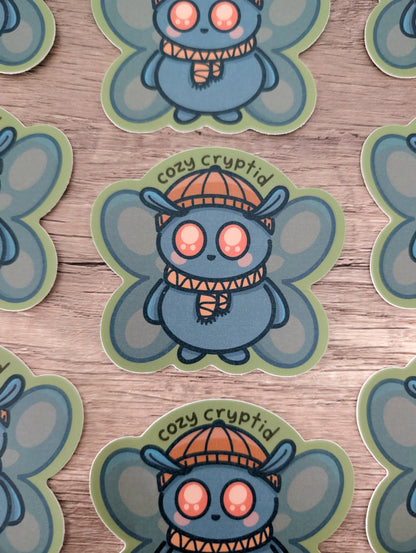 Cozy Cryptid - Cute Fall Attire Mothman Vinyl Sticker